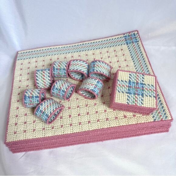 NEEDLEPOINT Vintage 26pc Placemats Coasters & Napkin Rings Set Table Setting - Picture 3 of 8